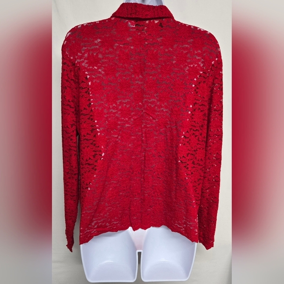 Sag Harbor M Fire Engine Red Sheer Floral Lace Long Sleeve Button Down Top - Picture 2 of 4